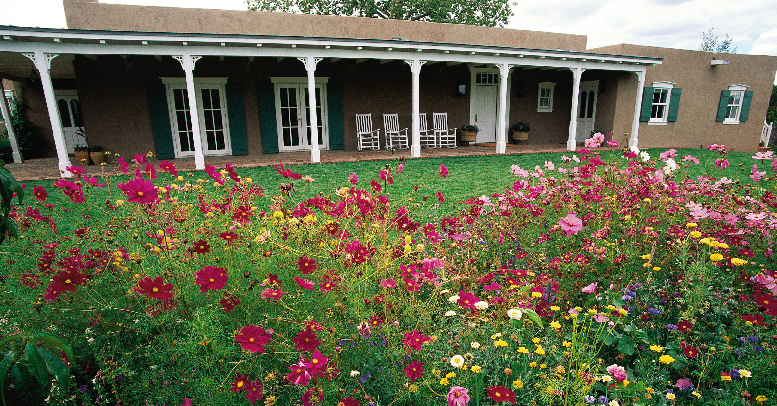 southwestern home with garden of pink and yellow wildflowers