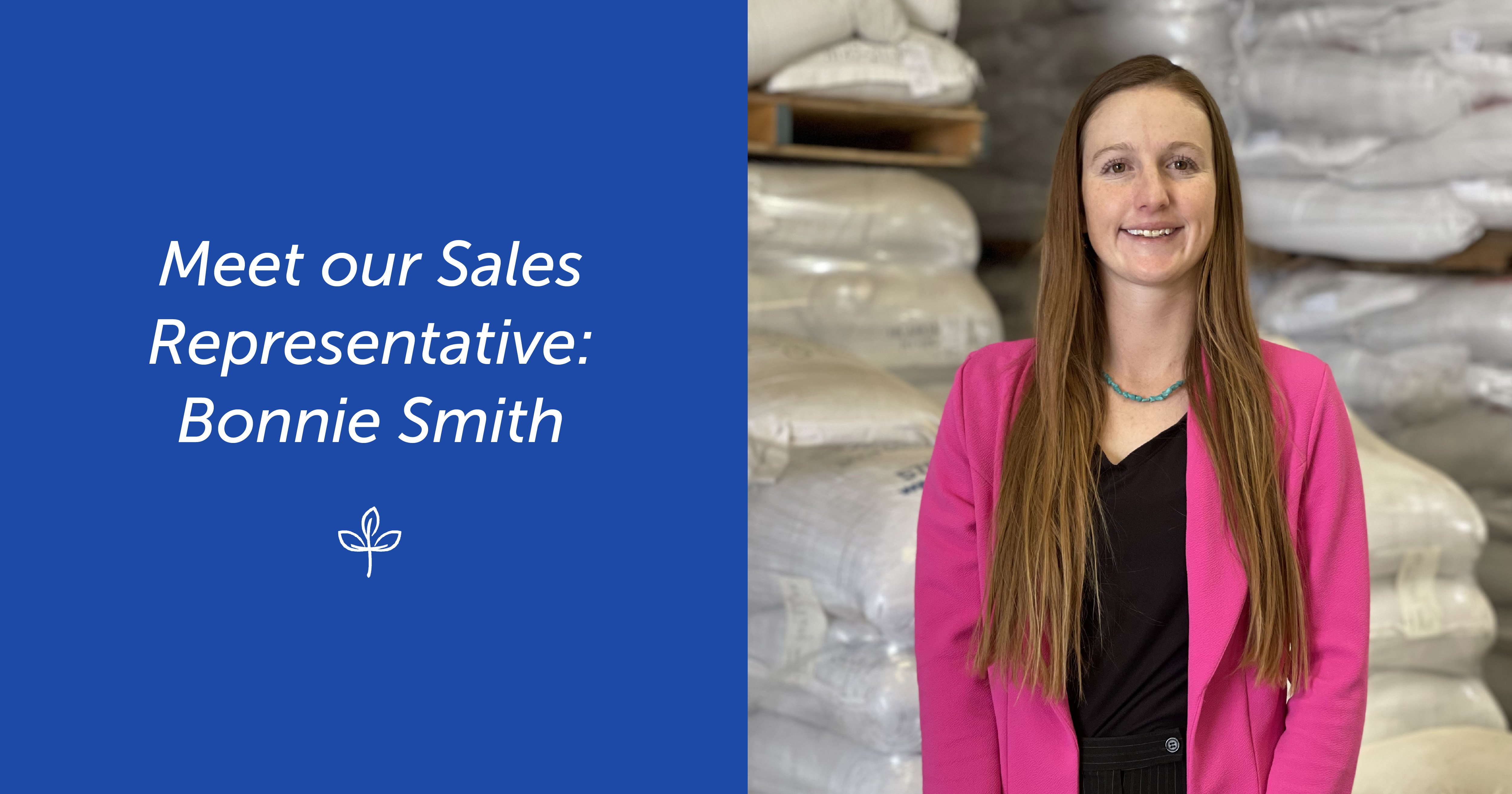 image text that says meet our sales representative: bonnie smith next to a picture of her in the warehouse
